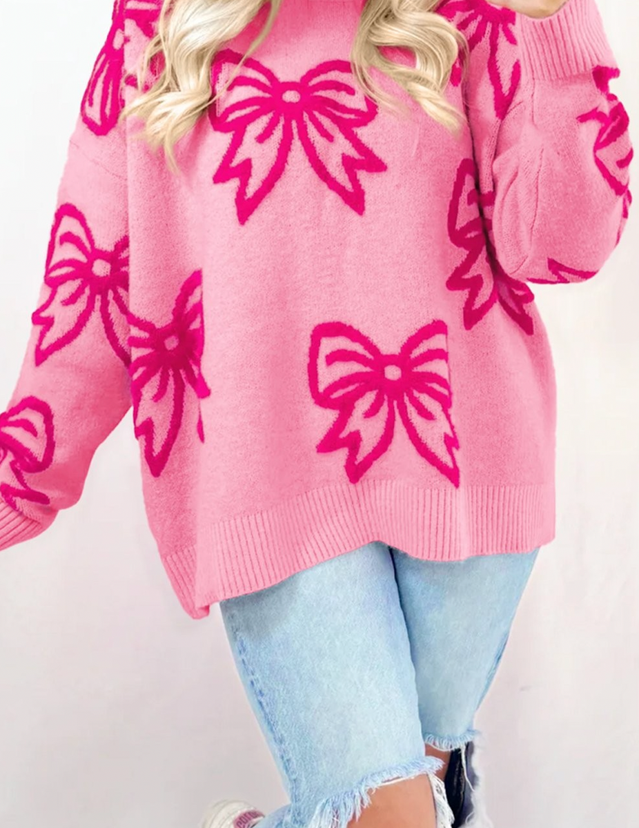 Bow Pattern Round Neck Loose Fit Sweater